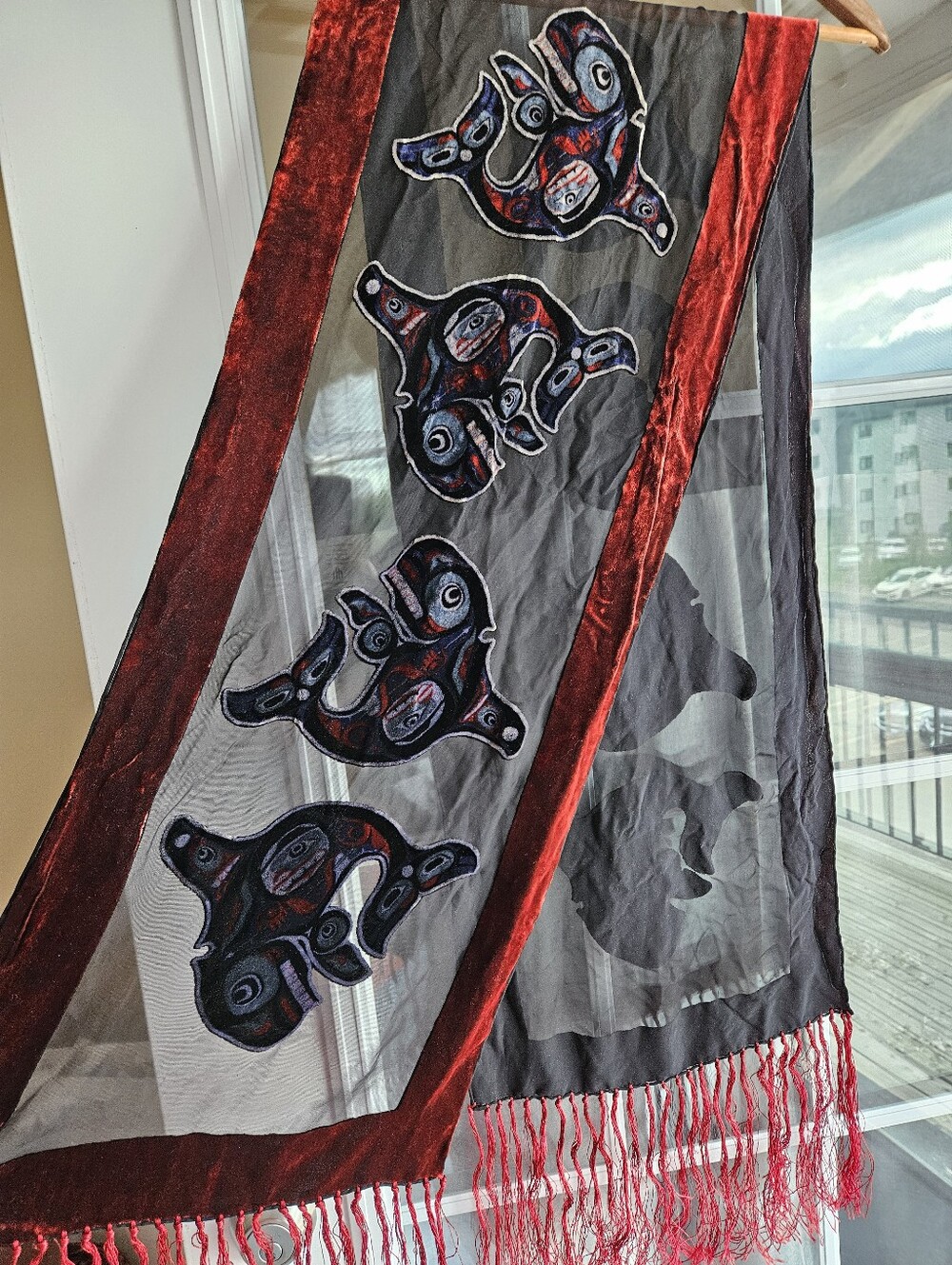 Silk Velvet BC Orca Black and Red Fringe Scarf 60 Inches